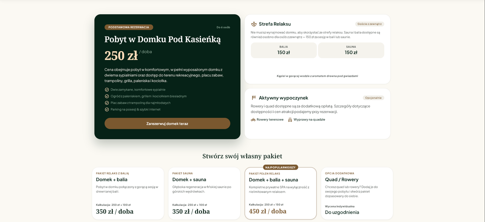 Cennik Domku Pod Kasieńką z pakietami pobytu, sauną i balią