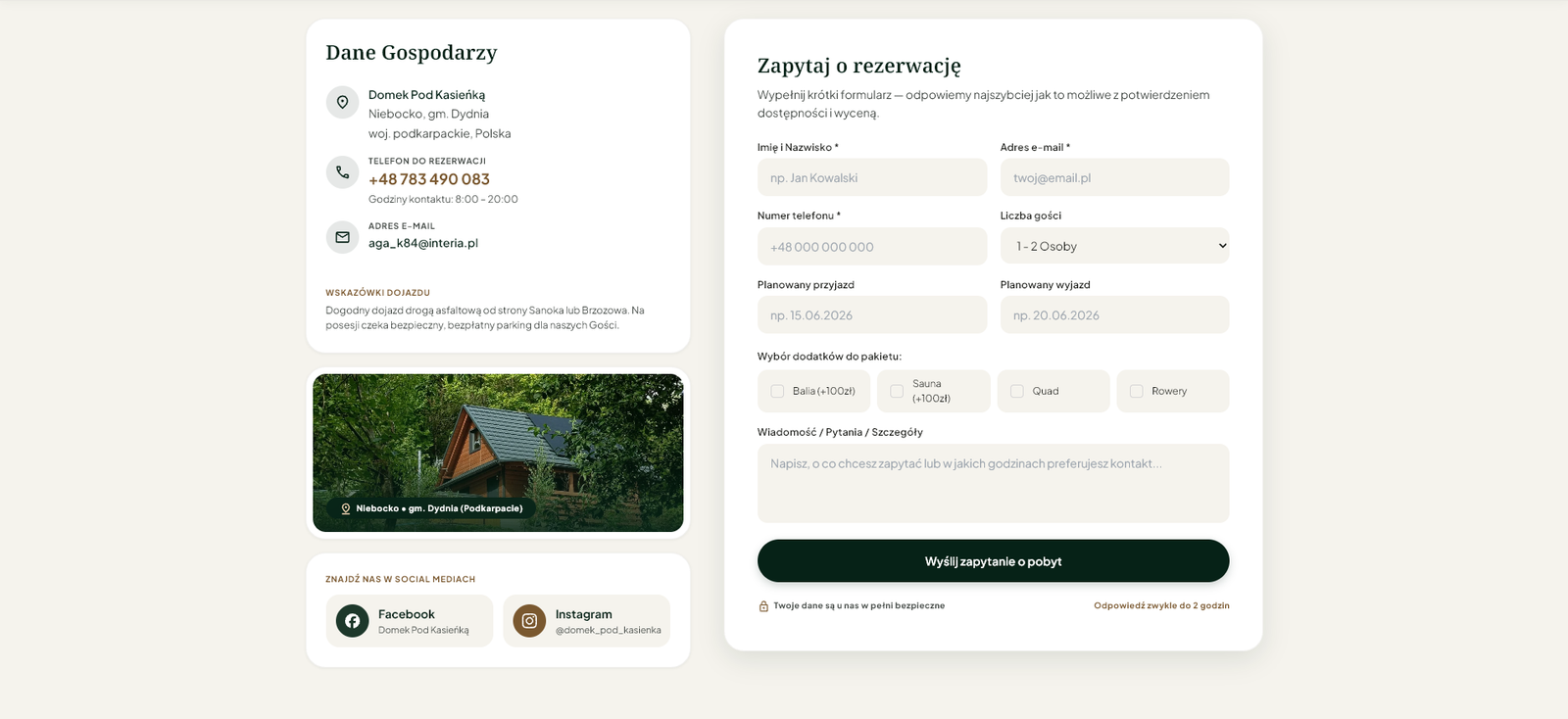 Formularz zapytania o pobyt z terminami, liczbą gości i dodatkami
