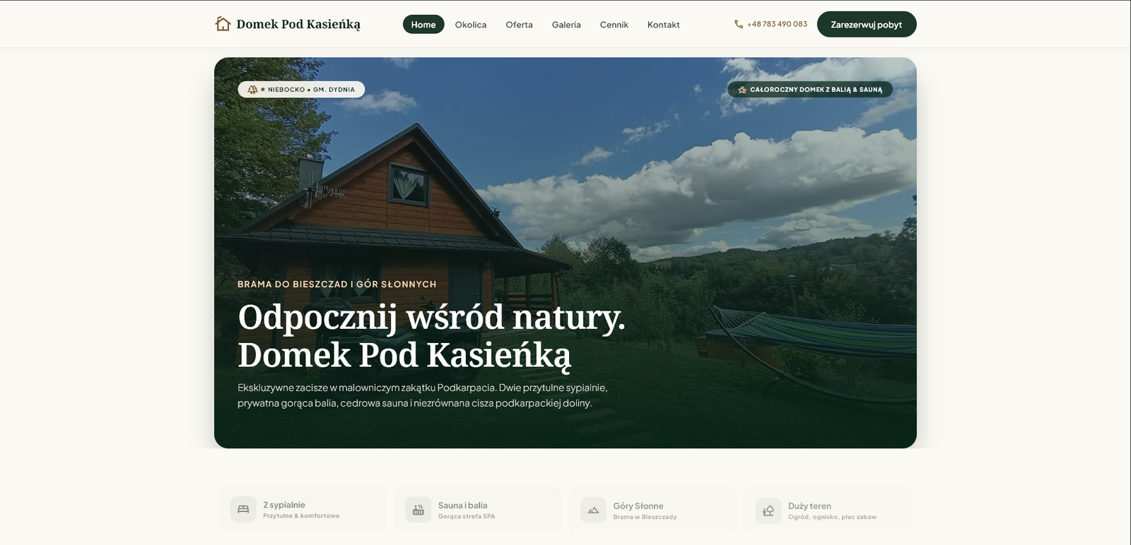 Strona główna Domku Pod Kasieńką z fotografią obiektu i informacją o udogodnieniach
