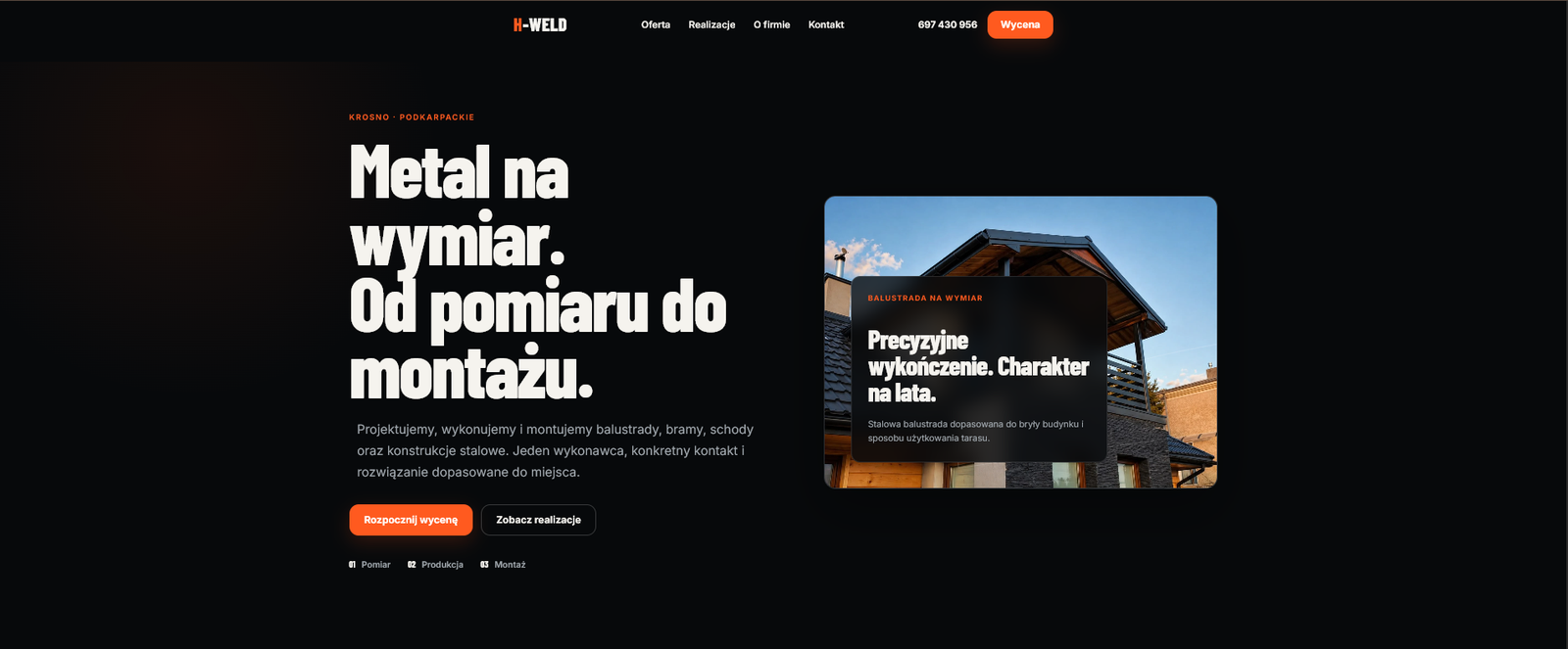 Strona główna H-WELD z fotografią balustrady i przyciskiem wyceny